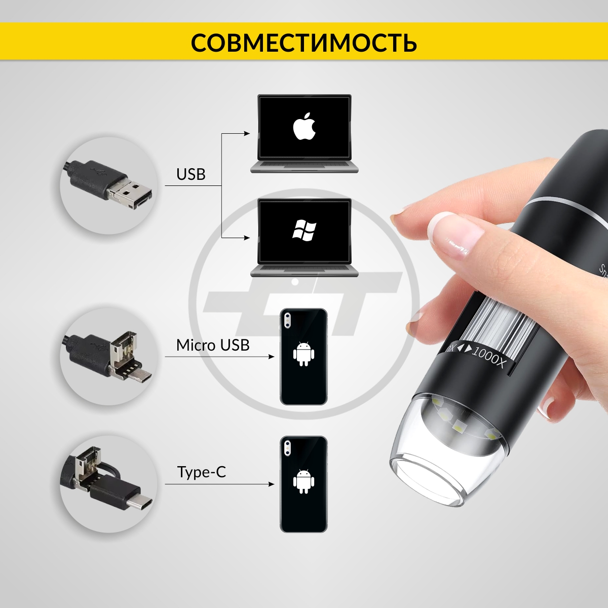 IC-V317 Микроскоп цифровой USB/Micro-USB/Type-C, 2Мп, 1000X, 1920x1080,  1.5м iCartool IC-V317 купить на сайте Car-tool.RU